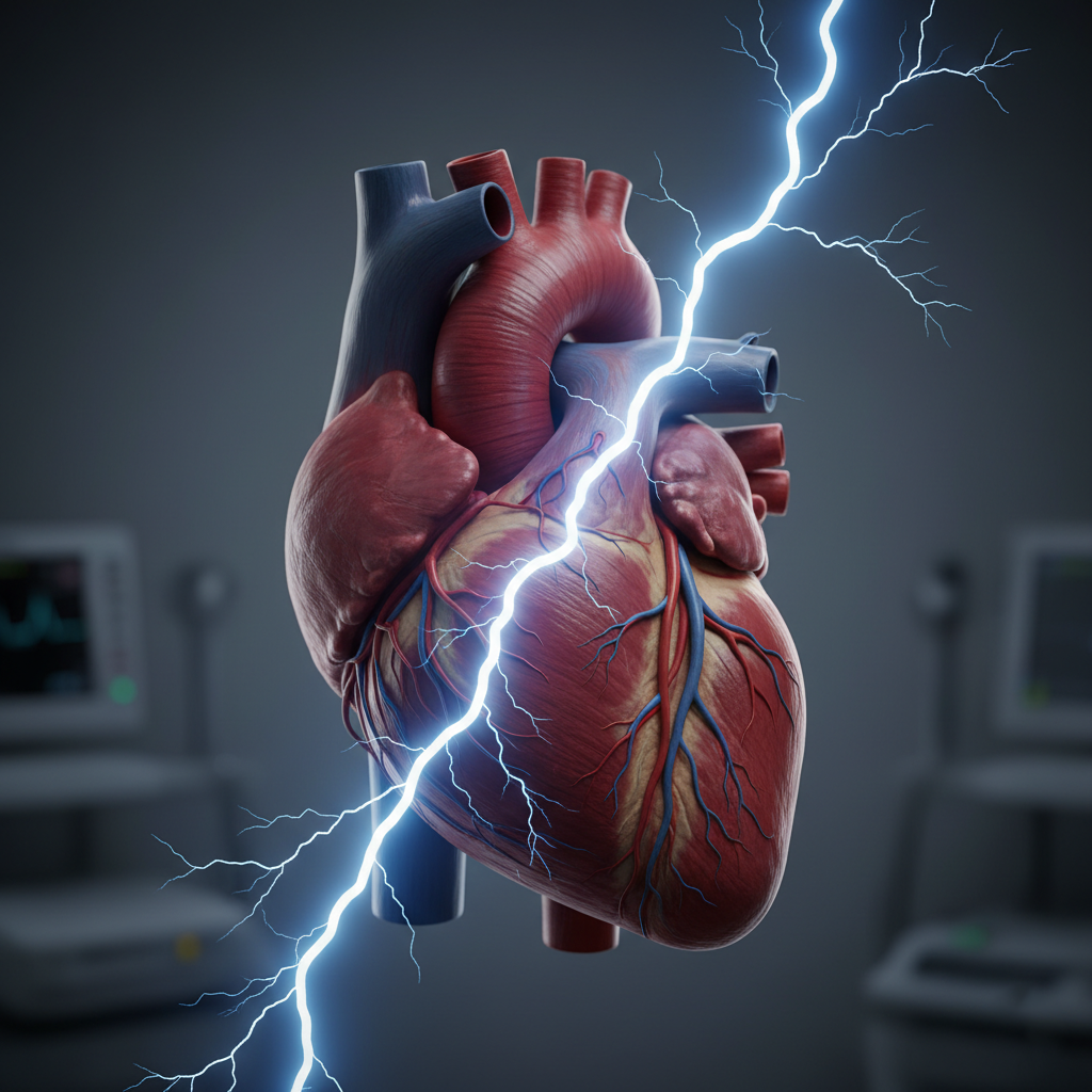 Sharp chest pain shown as a lightning bolt near the heart, representing sudden or stabbing discomfort linked to common chest pain causes.